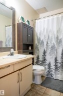 Full bath with a textured ceiling, vanity, and curtained shower - 