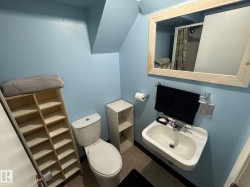 Bathroom with toilet and curtained shower - 