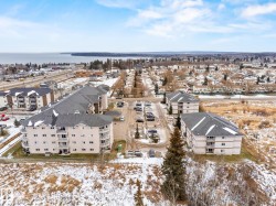 Aerial view of residential area with a large body of water - 