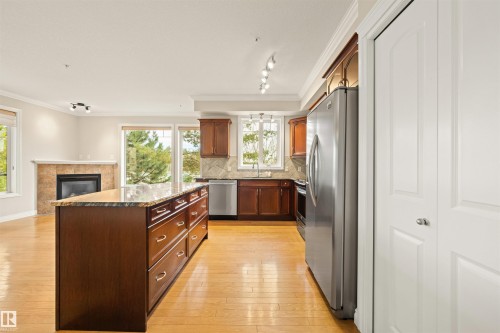 218 12408 15 Avenue, Edmonton, AB - Indoor Photo Showing Kitchen With Fireplace