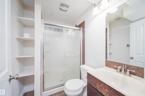 Full bathroom featuring vanity, a shower stall, and dark tile patterned flooring - 3504 20 Street, Edmonton, AB - Indoor Photo Showing Bathroom