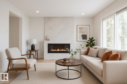 18418 62B Avenue, Edmonton, AB - Indoor Photo Showing Living Room With Fireplace