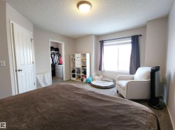 Carpeted bedroom featuring a textured ceiling and a walk in closet - 