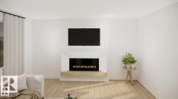 Living room with a lit fireplace and wood finished floors - 