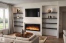 Living room with dark wood finished floors, built in features, and a lit fireplace - 10202 92A Avenue, Morinville, AB  - Indoor Photo Showing Living Room With Fireplace 