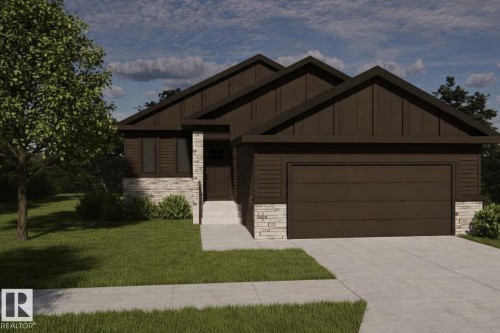 View of front of property with stone siding, a garage, a front lawn, board and batten siding, and driveway - 9237 102 Street, Morinville, AB - Outdoor