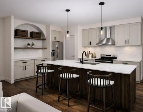 Kitchen featuring light stone countertops, a breakfast bar area, open shelves, an island with sink, and stainless steel appliances - 9237 102 Street, Morinville, AB - Indoor Photo Showing Kitchen With Upgraded Kitchen