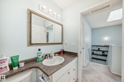 Half bath featuring vanity, light colored carpet, and a skylight - 