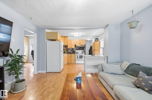 Living area featuring a textured ceiling and light wood-type flooring - 9705 87 Avenue, Edmonton, AB - Indoor