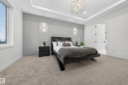 Bedroom featuring light carpet and a tray ceiling - 