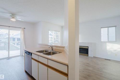 57 843 Youville Drive W, Edmonton, AB - Indoor Photo Showing Kitchen With Fireplace With Double Sink