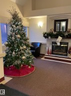 Interior space with carpet, a fireplace, and a wainscoted wall - 