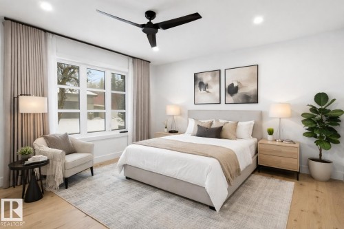 Bedroom with ceiling fan, light wood-type flooring, and recessed lighting - 14604 Mackenzie Drive, Edmonton, AB - Indoor Photo Showing Bedroom
