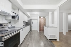 Kitchen with appliances with stainless steel finishes, white cabinets, decorative backsplash, light wood-style floors, and exhaust hood - 