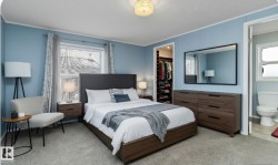 Bedroom featuring carpet flooring, a walk in closet, ornamental molding, and ensuite bath - 