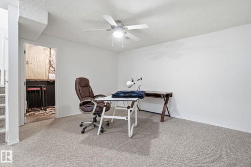Basement with a glass covered fireplace and light carpet - 3014 31 Avenue, Edmonton, AB - Indoor Photo Showing Office