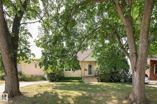 View of property hidden behind natural elements featuring roof with shingles and a front yard - 11559 80 Avenue, Edmonton, AB - Outdoor