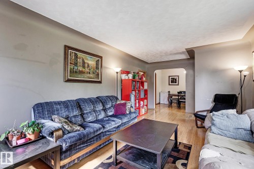 Living room featuring arched walkways, wood finished floors, and a textured ceiling - 11559 80 Avenue, Edmonton, AB - Indoor Photo Showing Living Room
