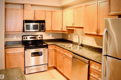Kitchen with appliances with stainless steel finishes, dark countertops, and light brown cabinets - 405 10319 111 Street, Edmonton, AB - Indoor Photo Showing Kitchen With Double Sink