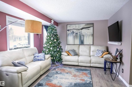 Living area with wood finished floors and a textured ceiling - 5836 204 Street, Edmonton, AB - Indoor Photo Showing Living Room