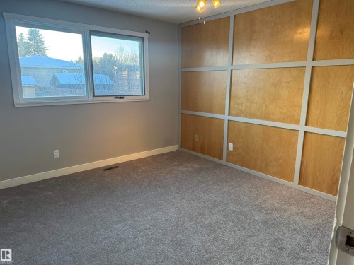 Carpeted empty room featuring a decorative wall and a wainscoted wall - 21 Lundy Park Road, Stony Plain, AB - Indoor Photo Showing Other Room