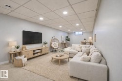 AI generated stage Living area with recessed lighting, carpet, and a paneled ceiling - 
