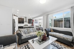 Living room featuring a textured ceiling, dark wood finished floors, and recessed lighting - 