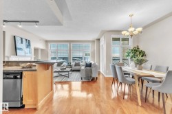 Kitchen with dark countertops, stainless steel dishwasher, a textured ceiling, a kitchen breakfast bar, and plenty of natural light - 