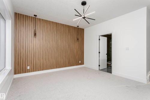 Carpeted spare room with wooden walls, a textured ceiling, and an accent wall - 220 Edgemont Green Green, Edmonton, AB - Indoor Photo Showing Other Room
