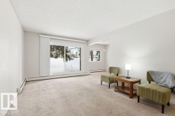 Sitting room with a textured ceiling, light carpet, and a baseboard radiator - 