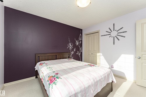 Bedroom with carpet, a closet, and a textured ceiling - 1612 Lacombe Crest, Edmonton, AB - Indoor Photo Showing Bedroom