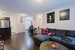 Living room with dark wood-style flooring and a textured ceiling - 