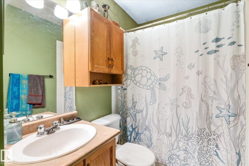 Full bath with vanity, curtained shower, and a textured ceiling - 15035 133 Street, Edmonton, AB - Indoor Photo Showing Bathroom