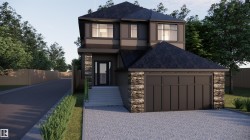 Contemporary house with stone siding, a garage, driveway, and a shingled roof - 