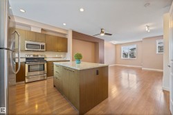 Kitchen with appliances with stainless steel finishes, open floor plan, light stone countertops, ceiling fan, and modern cabinets - 