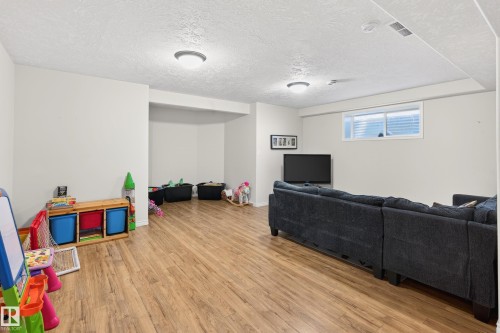 Playroom with a textured ceiling and light wood-style floors - 24 Olmstead Court, St. Albert, AB - Indoor