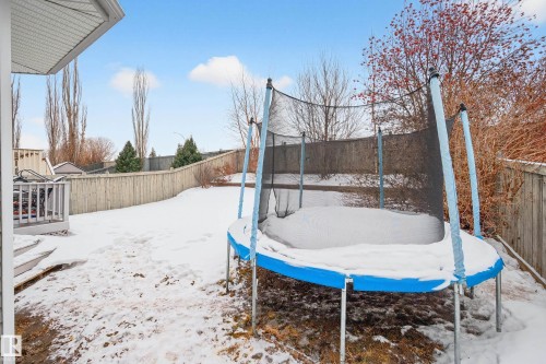 Yard covered in snow with a fenced backyard and a trampoline - 24 Olmstead Court, St. Albert, AB - Outdoor