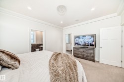 Carpeted bedroom with crown molding and recessed lighting - 