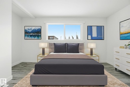 Bedroom with dark wood finished floors and baseboards - 7112 132 Avenue, Edmonton, AB - Indoor Photo Showing Bedroom