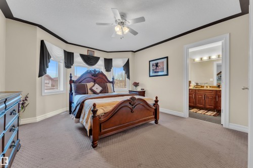 Bedroom featuring light colored carpet, a ceiling fan, multiple windows, a textured ceiling, and ornamental molding - 2012 69 Street, Edmonton, AB - Indoor Photo Showing Bedroom