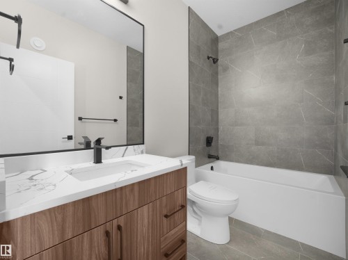 Full bath with vanity and  shower combination - 46 Waverly Way, Fort Saskatchewan, AB - Indoor Photo Showing Bathroom