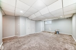 Finished basement featuring a drop ceiling, carpet floors, and recessed lighting - 