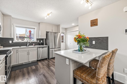 Kitchen with backsplash, a kitchen breakfast bar, a peninsula, and a textured ceiling - 20110 27 Avenue, Edmonton, AB - Indoor Photo Showing Kitchen With Double Sink