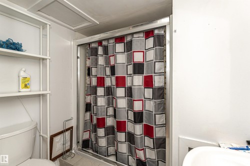 Full bathroom featuring curtained shower and toilet - 2349 Millbourne Road W, Edmonton, AB - Indoor Photo Showing Bathroom