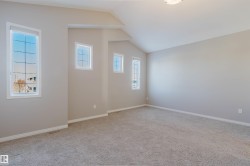 Empty room featuring light colored carpet and vaulted ceiling - 