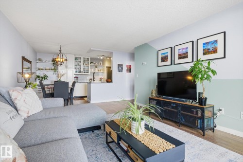 Living area featuring wood finished floors - 1513 13910 Stony Plain Road, Edmonton, AB - Indoor Photo Showing Living Room
