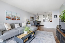 Living area with dark wood-type flooring and a chandelier - 