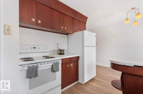 Kitchen with white appliances, light countertops, hanging light fixtures, light wood-type flooring, and dark brown cabinetry - 3810 110 Avenue, Edmonton, AB - Indoor Photo Showing Kitchen