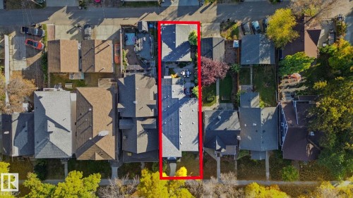 Aerial view of residential area with property boundaries highlighted - 11121 81 Avenue, Edmonton, AB - Outdoor With View