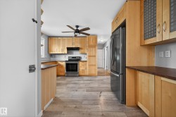 Kitchen featuring stainless steel appliances, dark countertops, light wood-style flooring, ceiling fan, and range hood - 